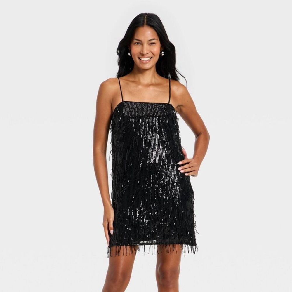 Women's Fringe Mini Shift Dress - A New Day Black L